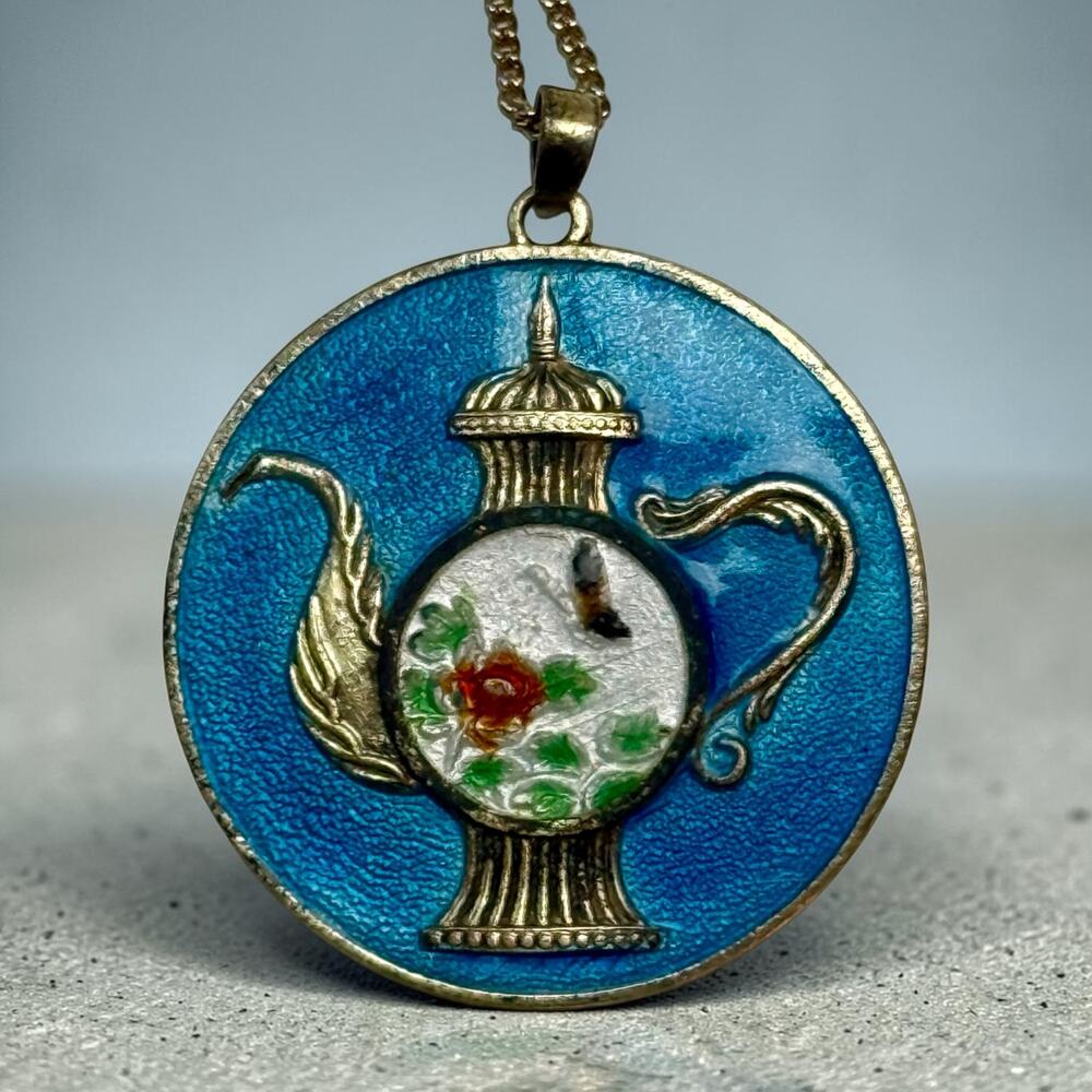 VTG Blue Enamel & Brass Circular Floral Butterfly Necklace Pendant Teapot Chain
